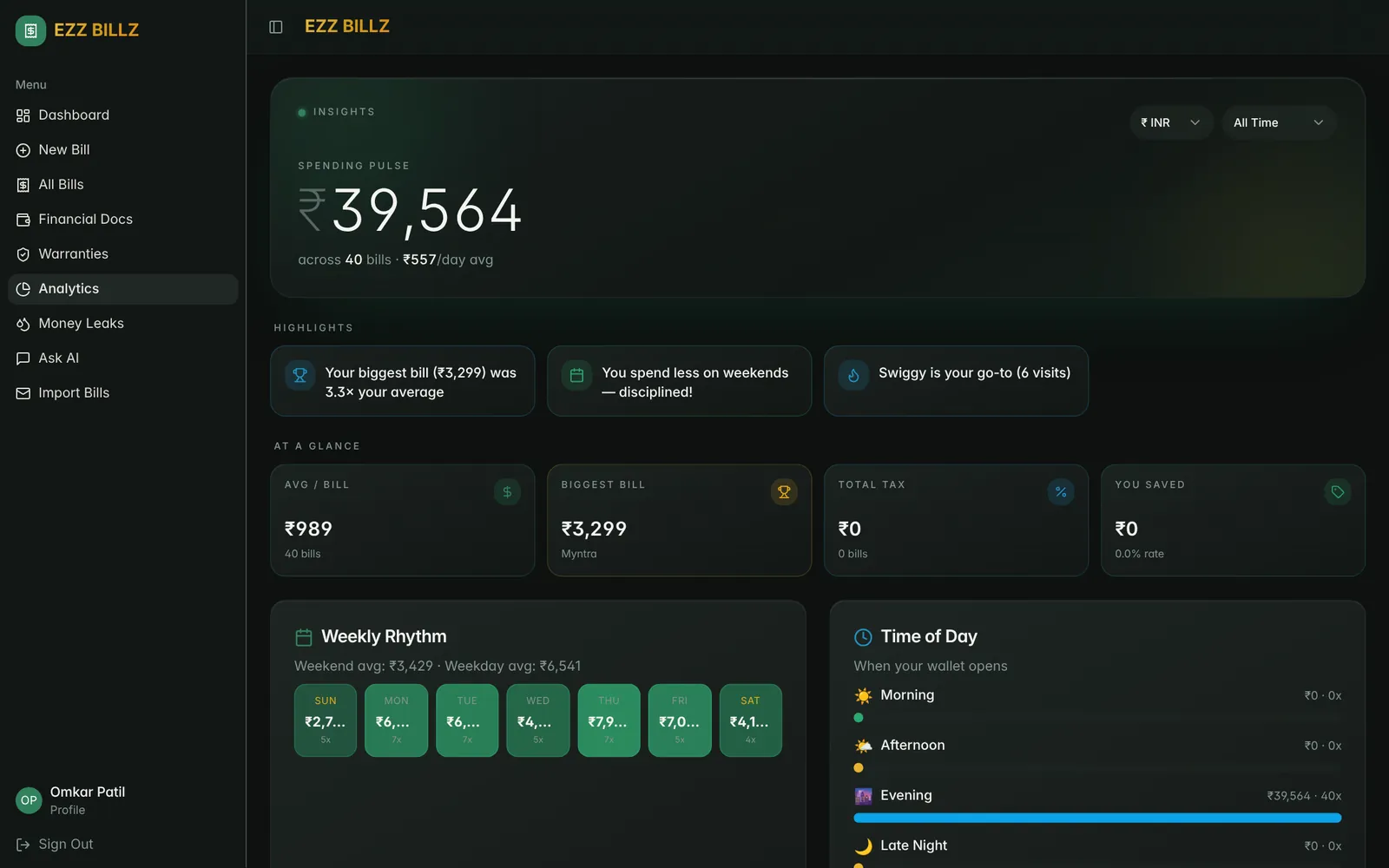 EZZ BILL spending insights on web