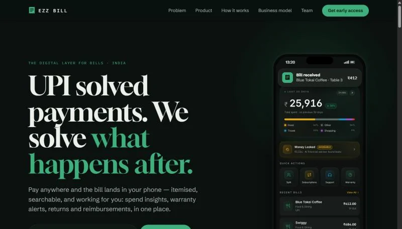 EZZ BILL landing page: UPI solved payments, we solve what happens after